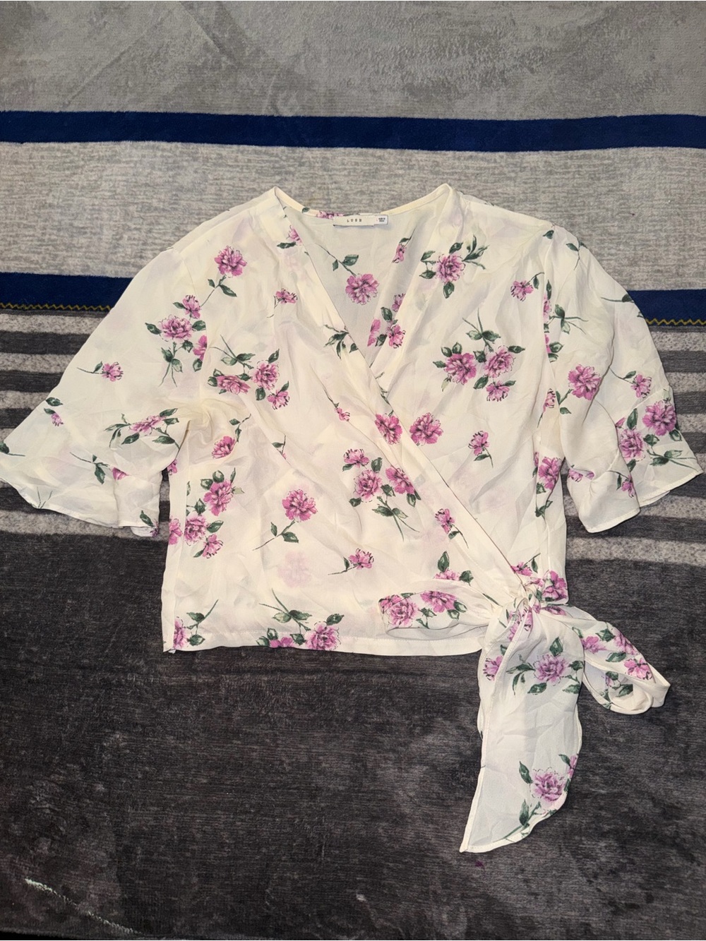 Lush White Wrap Blouse with Pink Floral Print